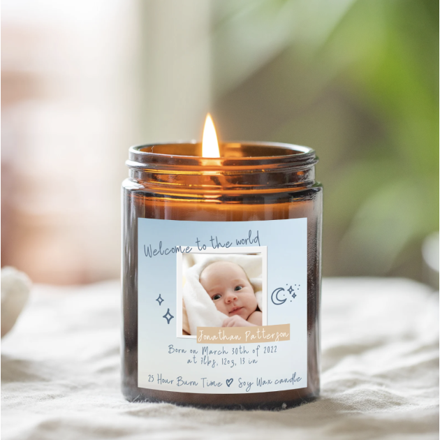 Hampers and Gifts to the UK - Send the Personalised Baby Announcement Candle 